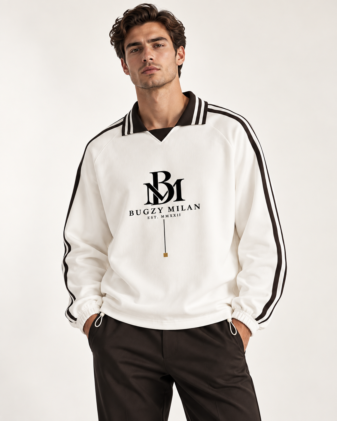 Contrast Striped Lapel Collar Sweatshirt