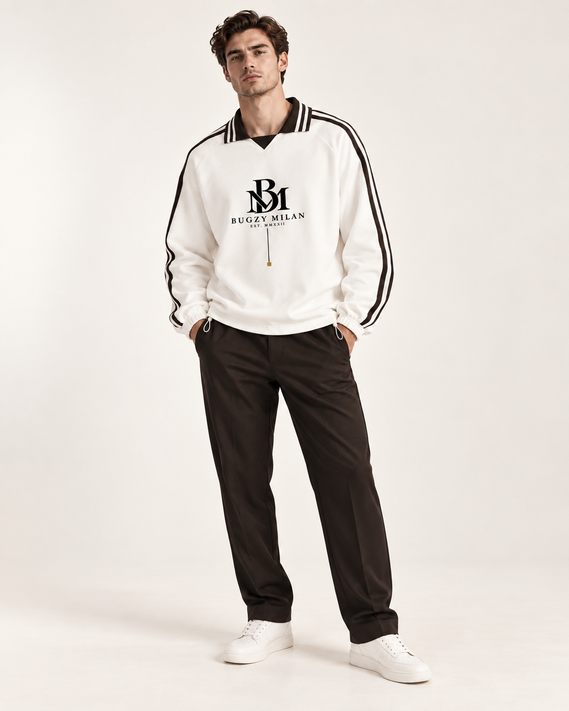 Contrast Striped Lapel Collar Sweatshirt - Image 2