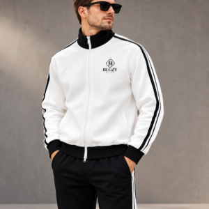 Bugzy Milan Contrast Fleece Track Jacket – White/Black