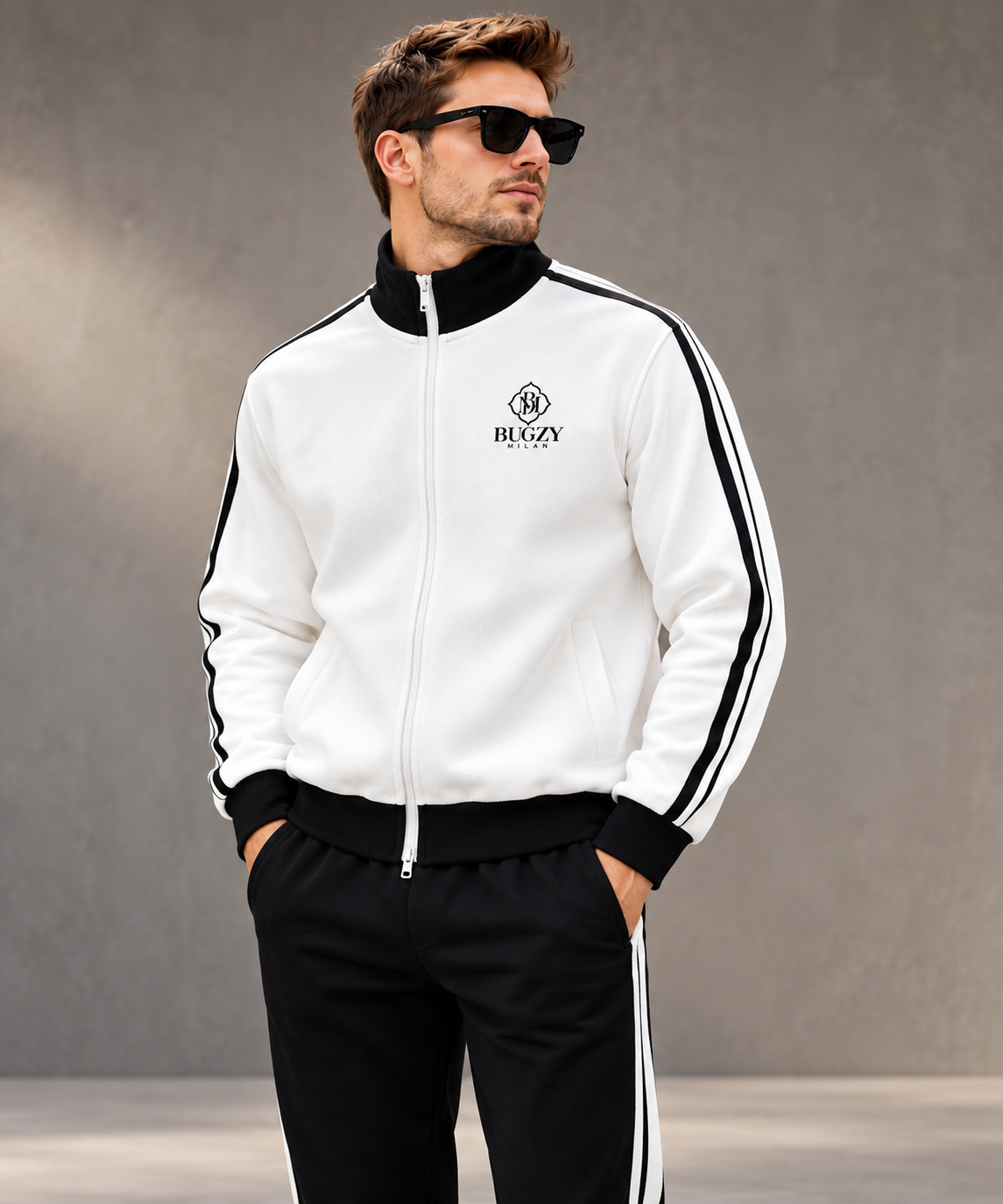 Bugzy Milan Contrast Fleece Track Jacket – White/Black