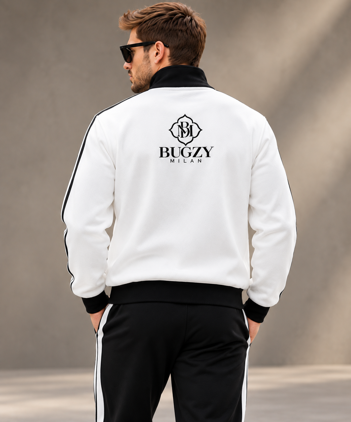 Bugzy Milan Contrast Fleece Track Jacket – White/Black - Image 2