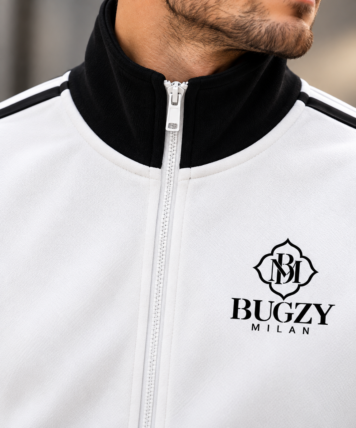Bugzy Milan Contrast Fleece Track Jacket – White/Black - Image 4