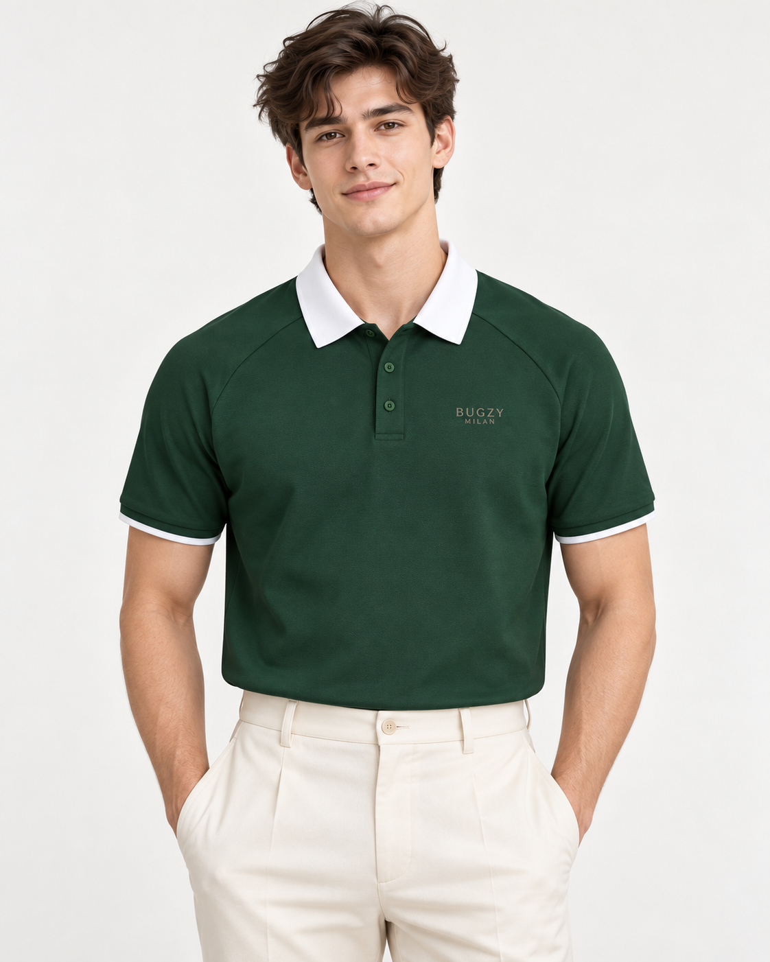 Bugzy Milan Contrast Collar Raglan Polo Shirt - Green