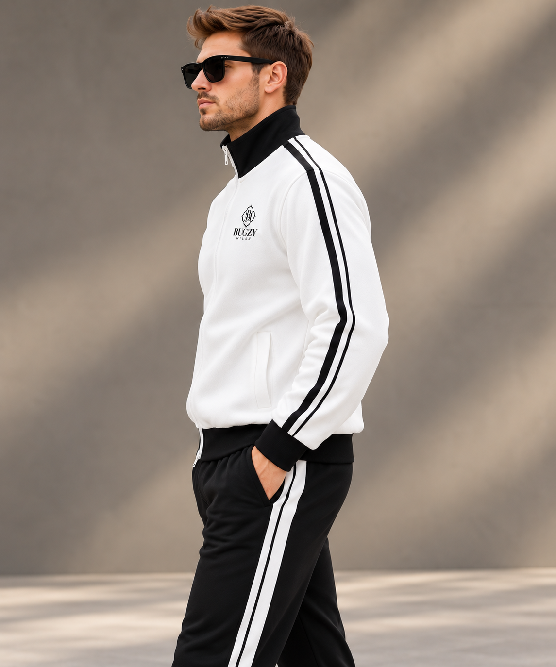 Bugzy Milan Contrast Fleece Track Jacket – White/Black - Image 3