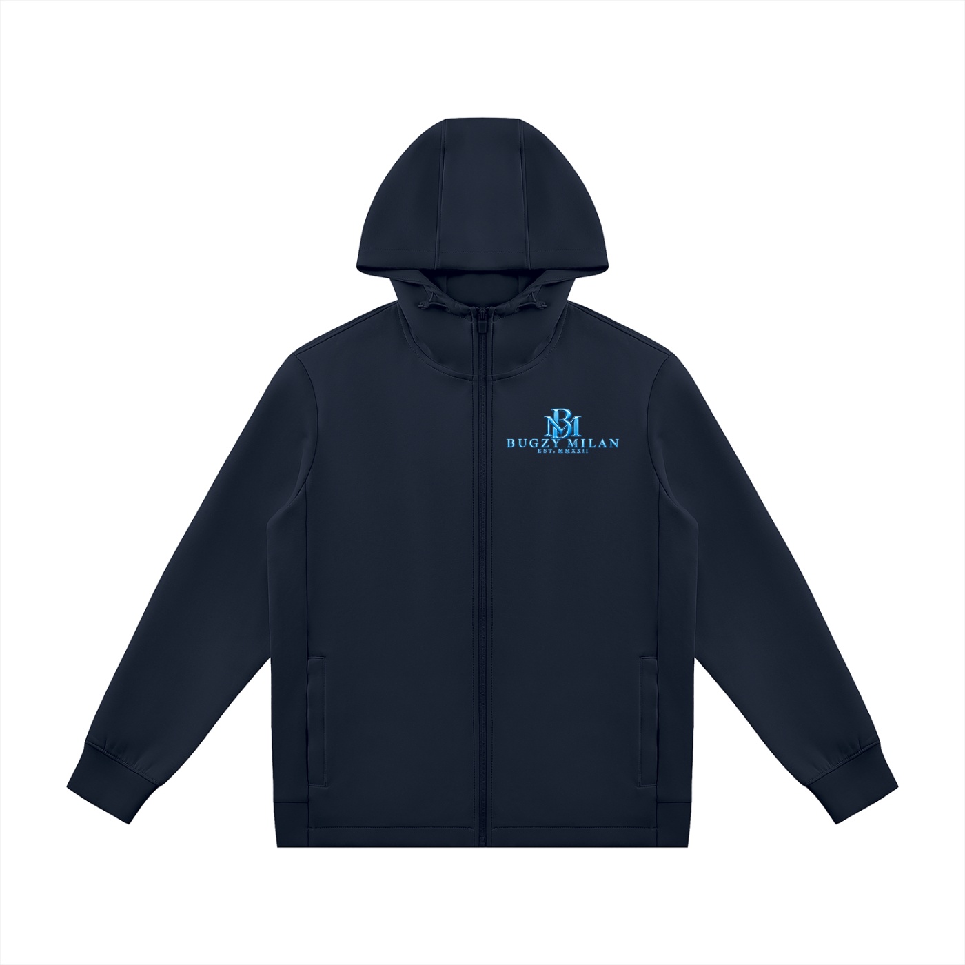 Bugzy Milan Men Heavyweight Drawstring Full-Zip Hoodie -Navy Blue